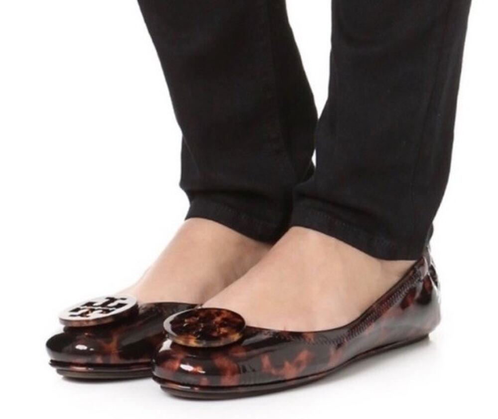 Tory Burch Women's Minnie Travel Ballet Flat Patent Leather Sz 7M Tortoise Logo